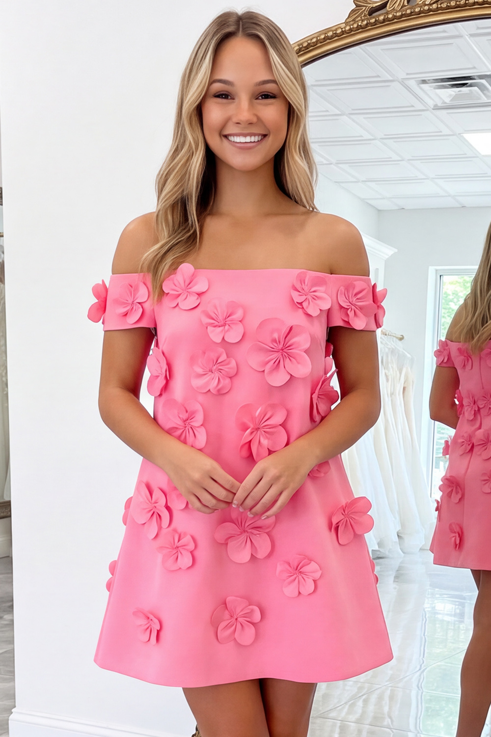 Pink Floral A-Line Off the Shoulder Short Homecoming Dress