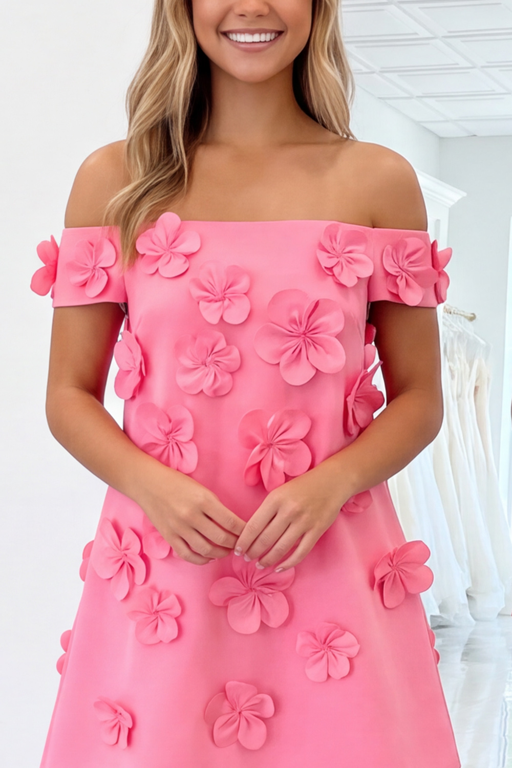 Pink Floral A-Line Off the Shoulder Short Homecoming Dress