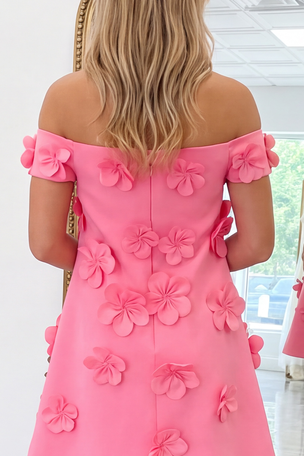 Pink Floral A-Line Off the Shoulder Short Homecoming Dress
