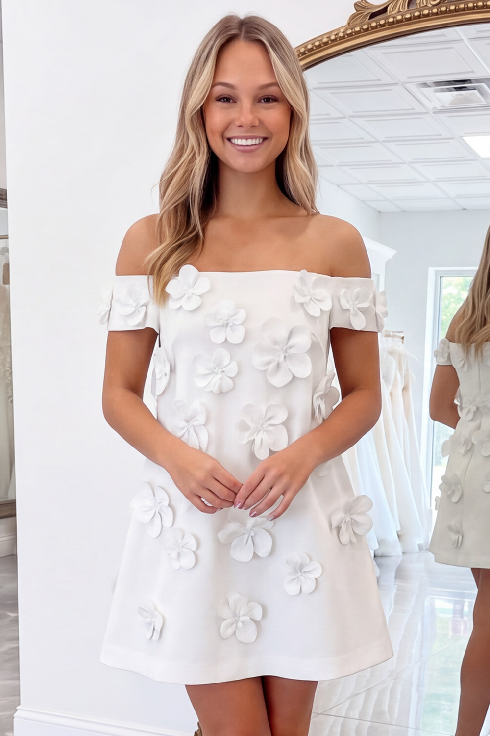 Pink Floral A-Line Off the Shoulder Short Homecoming Dress