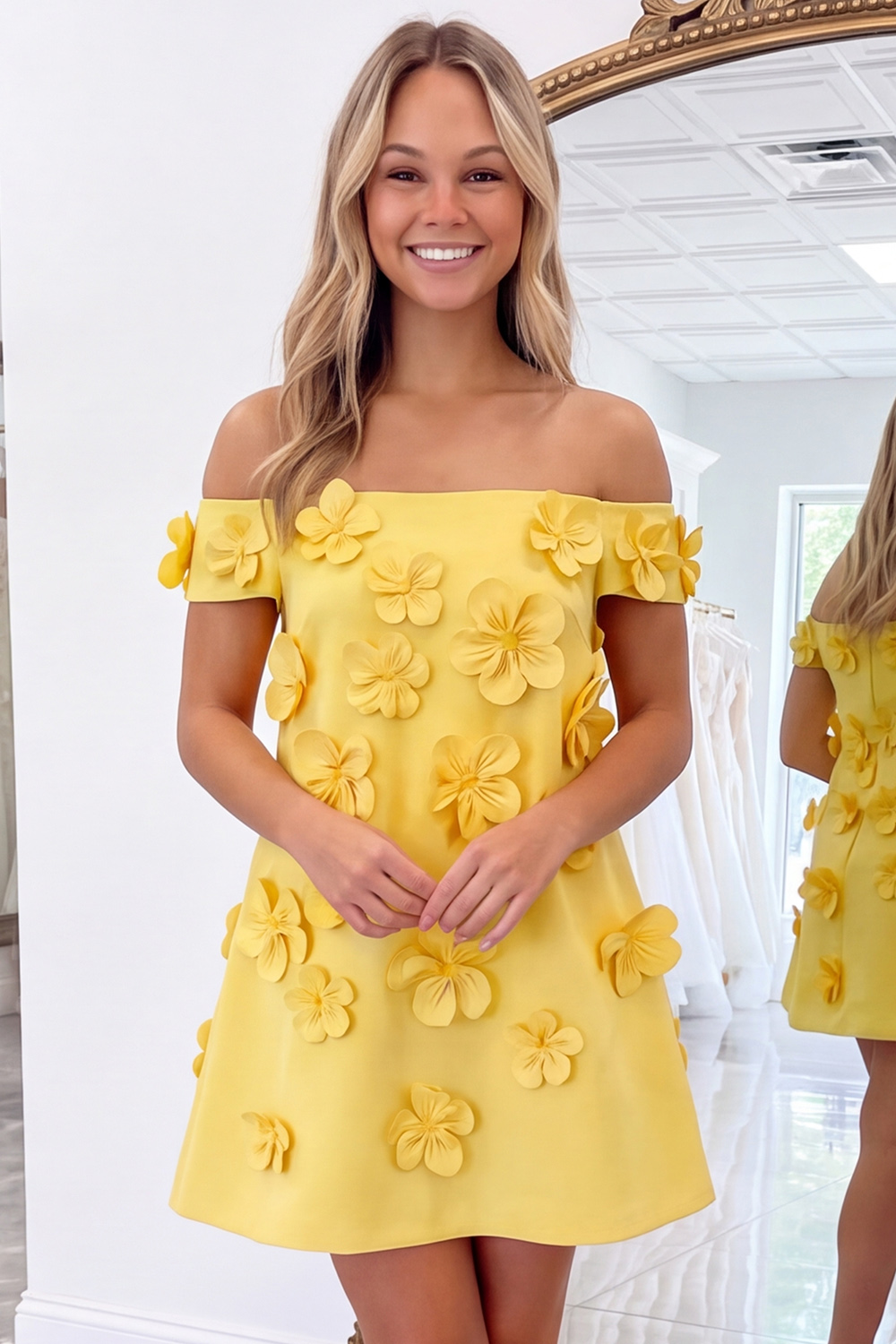 Pink Floral A-Line Off the Shoulder Short Homecoming Dress