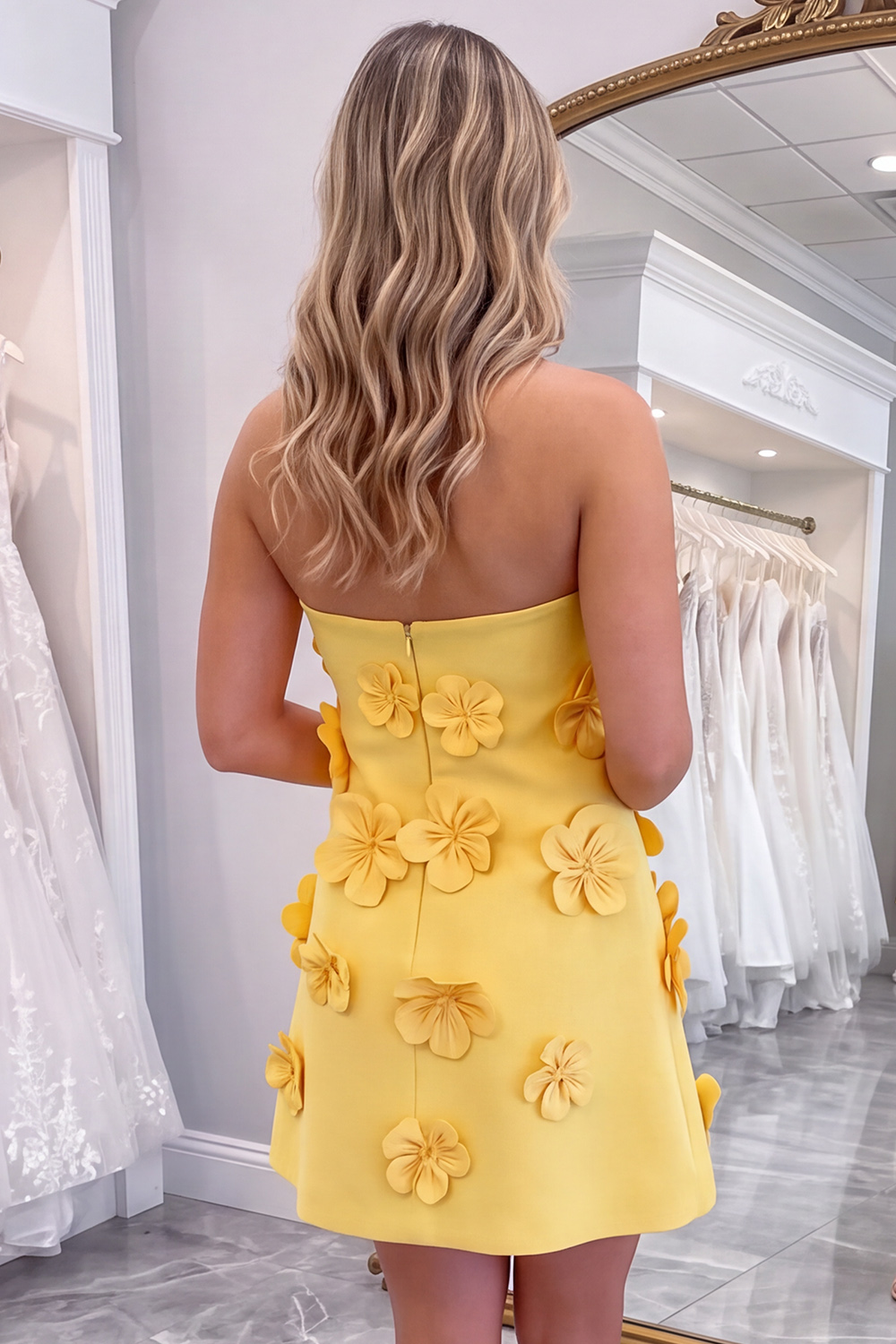 Yellow A Line Strapless Short Homecoming Dress with 3D Flower