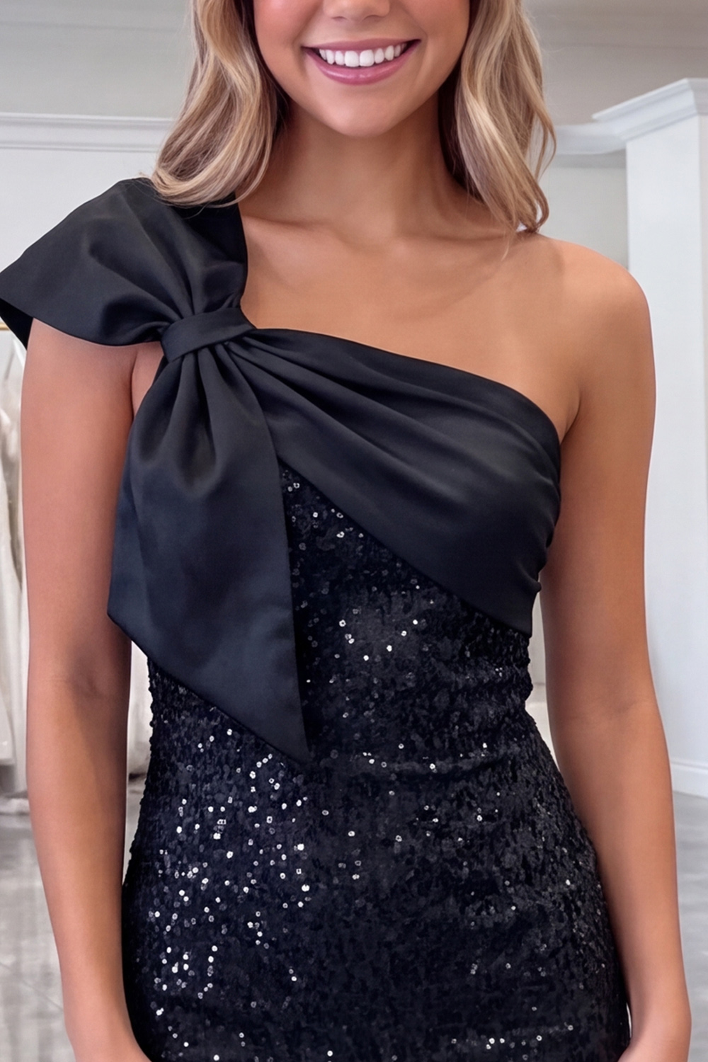 Pink Sparkly One Shoulder Sequins Short Homecoming Dress with Bow