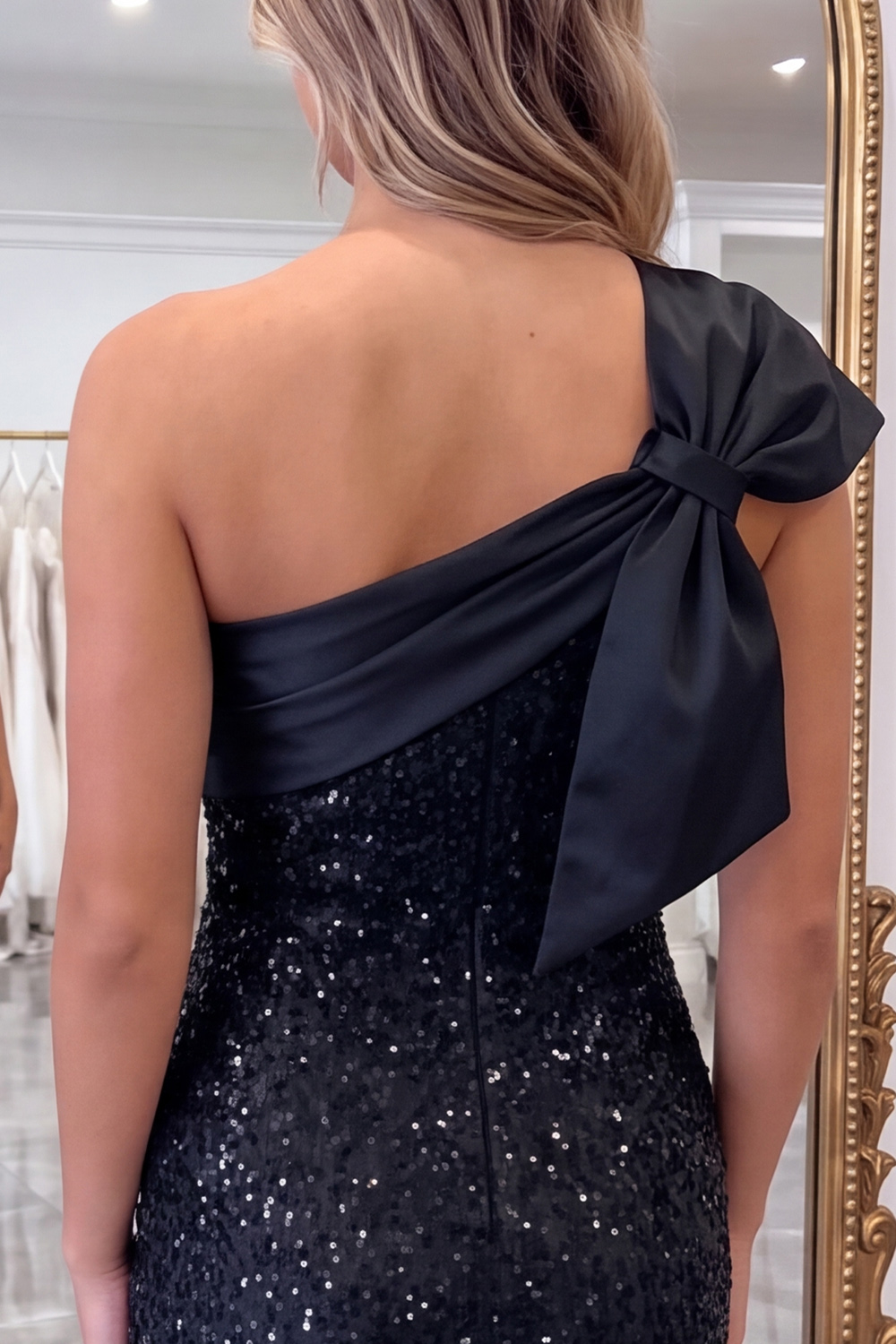 Pink Sparkly One Shoulder Sequins Short Homecoming Dress with Bow
