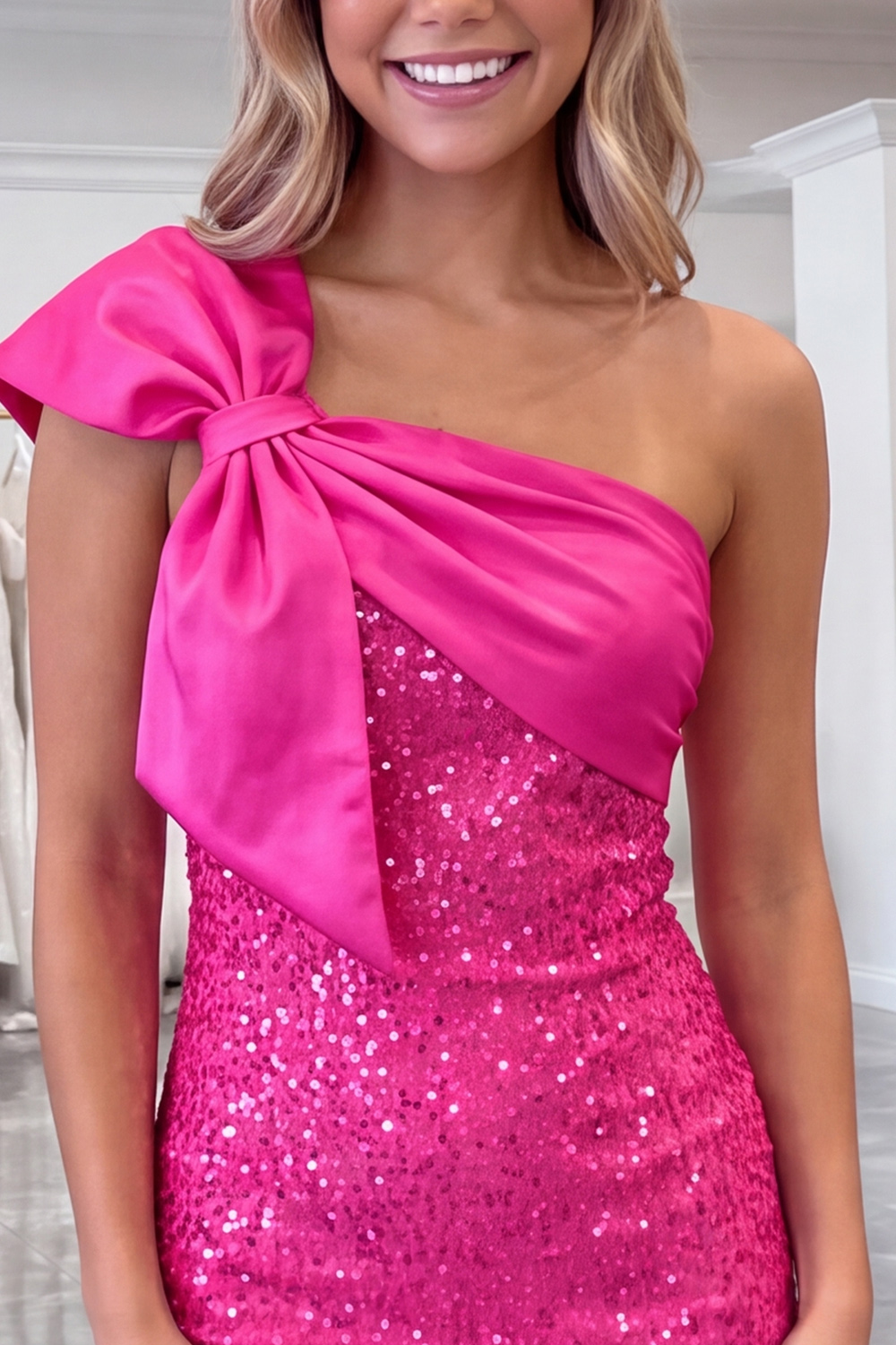 Pink Sparkly One Shoulder Sequins Short Homecoming Dress with Bow