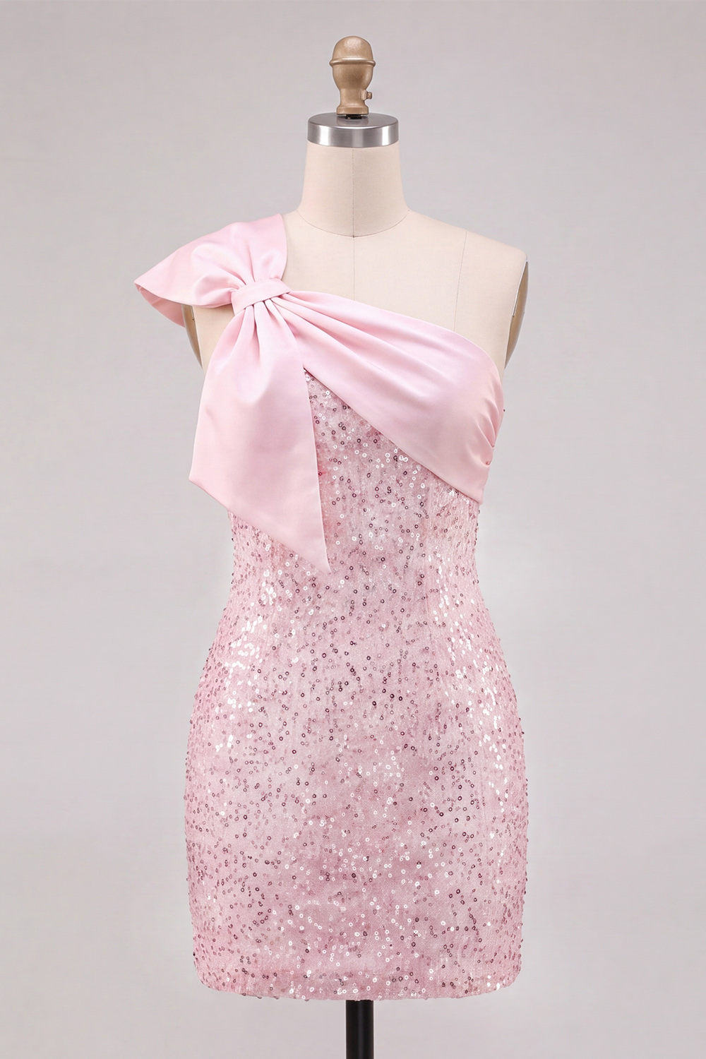 Pink Sparkly One Shoulder Sequins Short Homecoming Dress with Bow