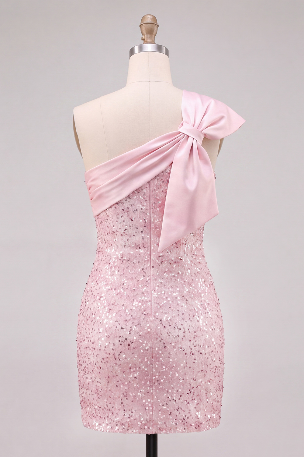 Pink Sparkly One Shoulder Sequins Short Homecoming Dress with Bow