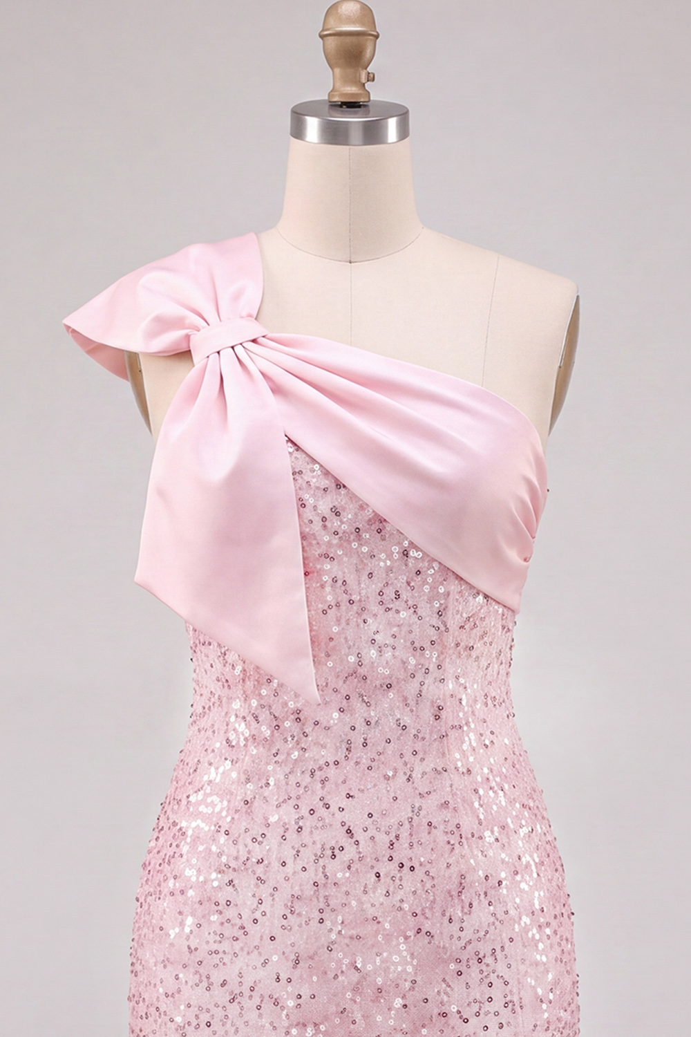 Pink Sparkly One Shoulder Sequins Short Homecoming Dress with Bow