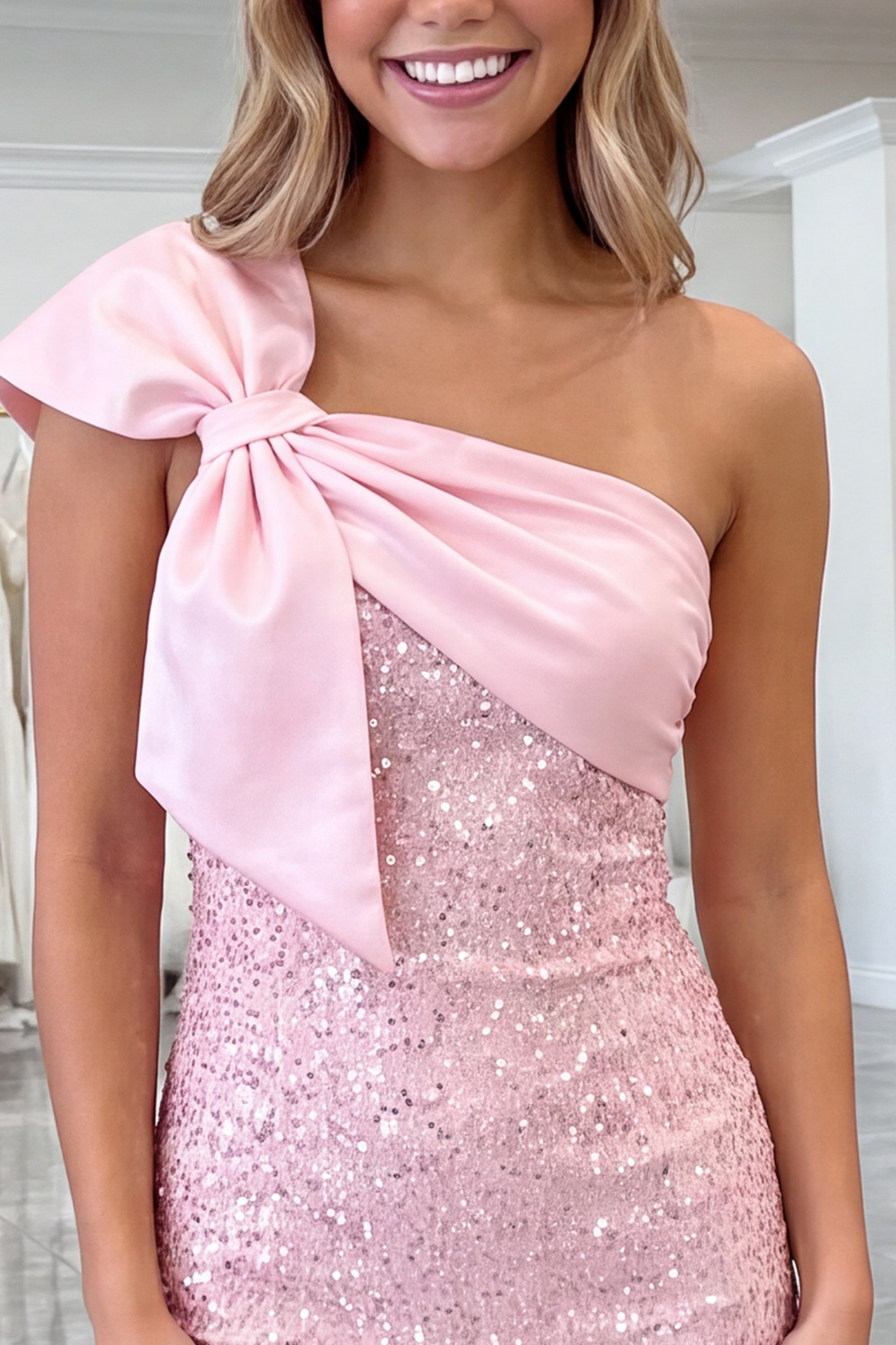Pink Sparkly One Shoulder Sequins Short Homecoming Dress with Bow