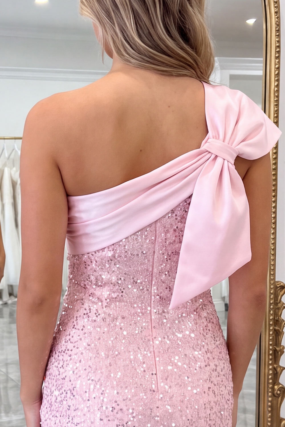 Pink Sparkly One Shoulder Sequins Short Homecoming Dress with Bow