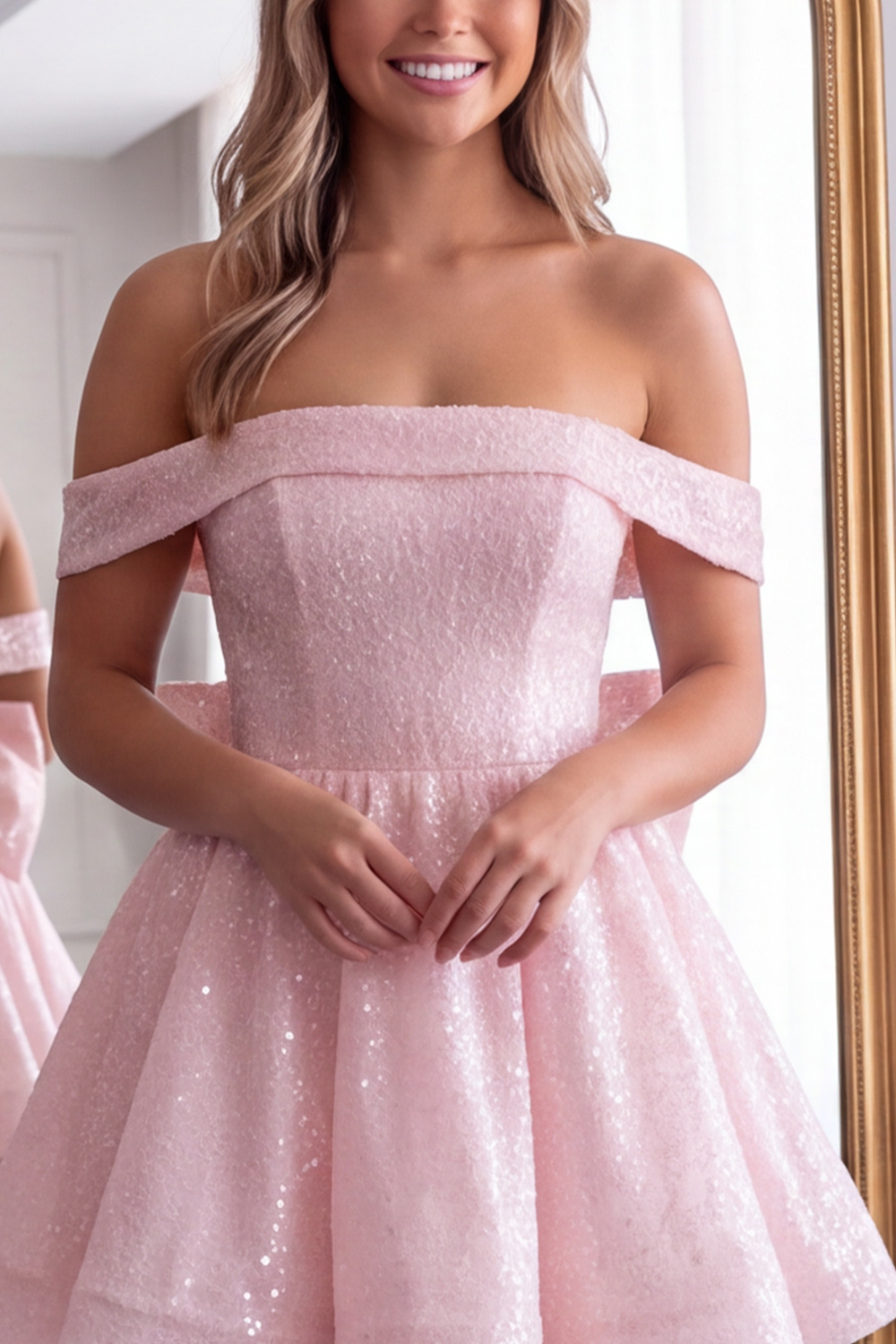 Sparkly Pink A-Line Sequins Short Homecoming Dress with Bow