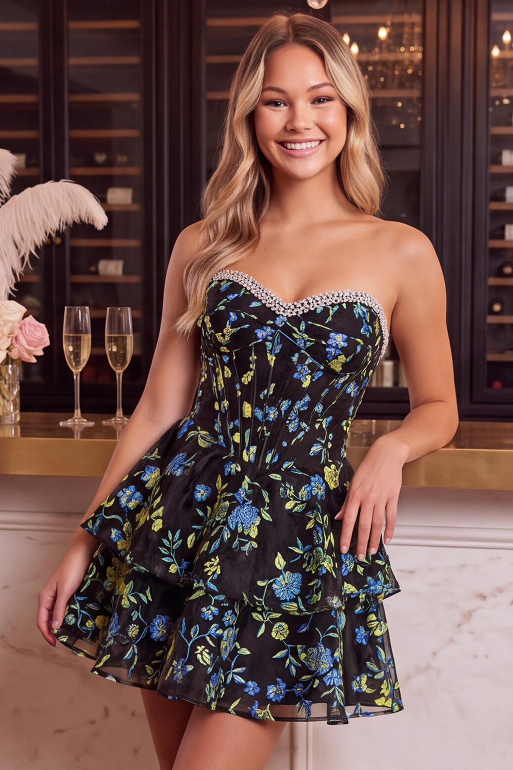 Orange Floral Corset Sweetheart Tiered Short Homecoming Dress with Beading