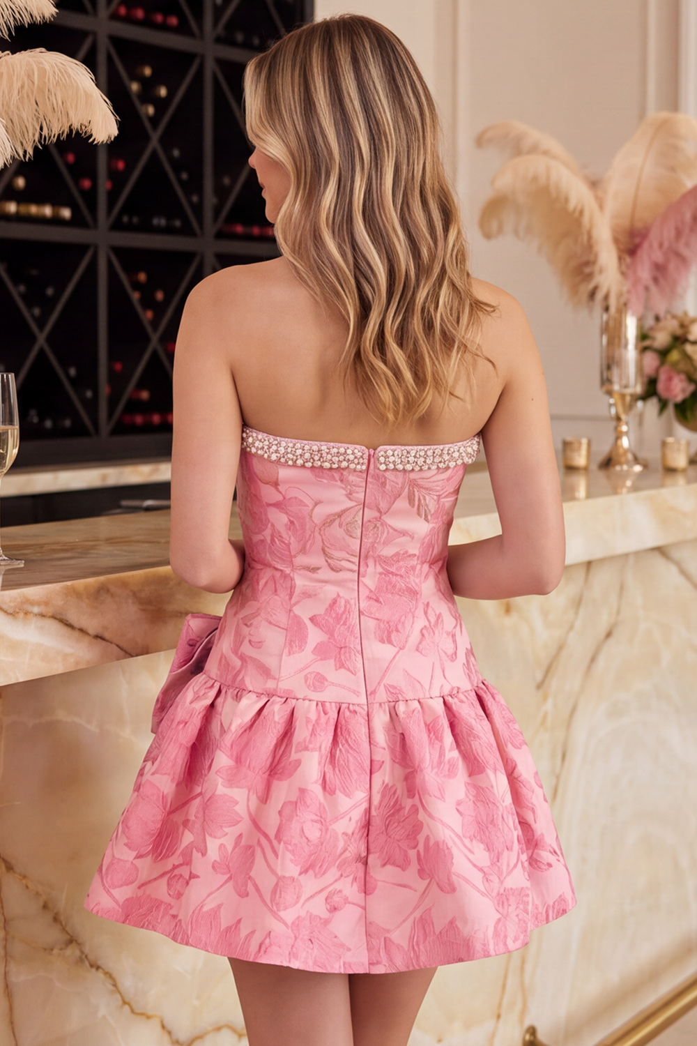 Floral Pink Strapless Beaded Short Homecoming Dress with Bow