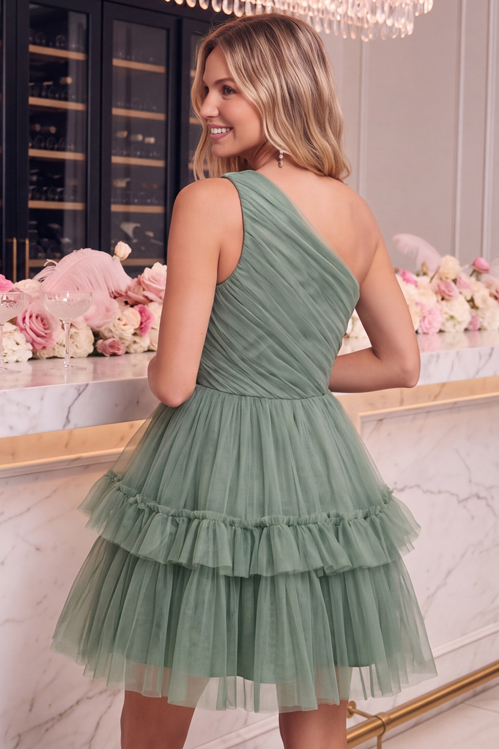 Sparkly Navy One Shoulder Tulle Tiered Short Homecoming Dress