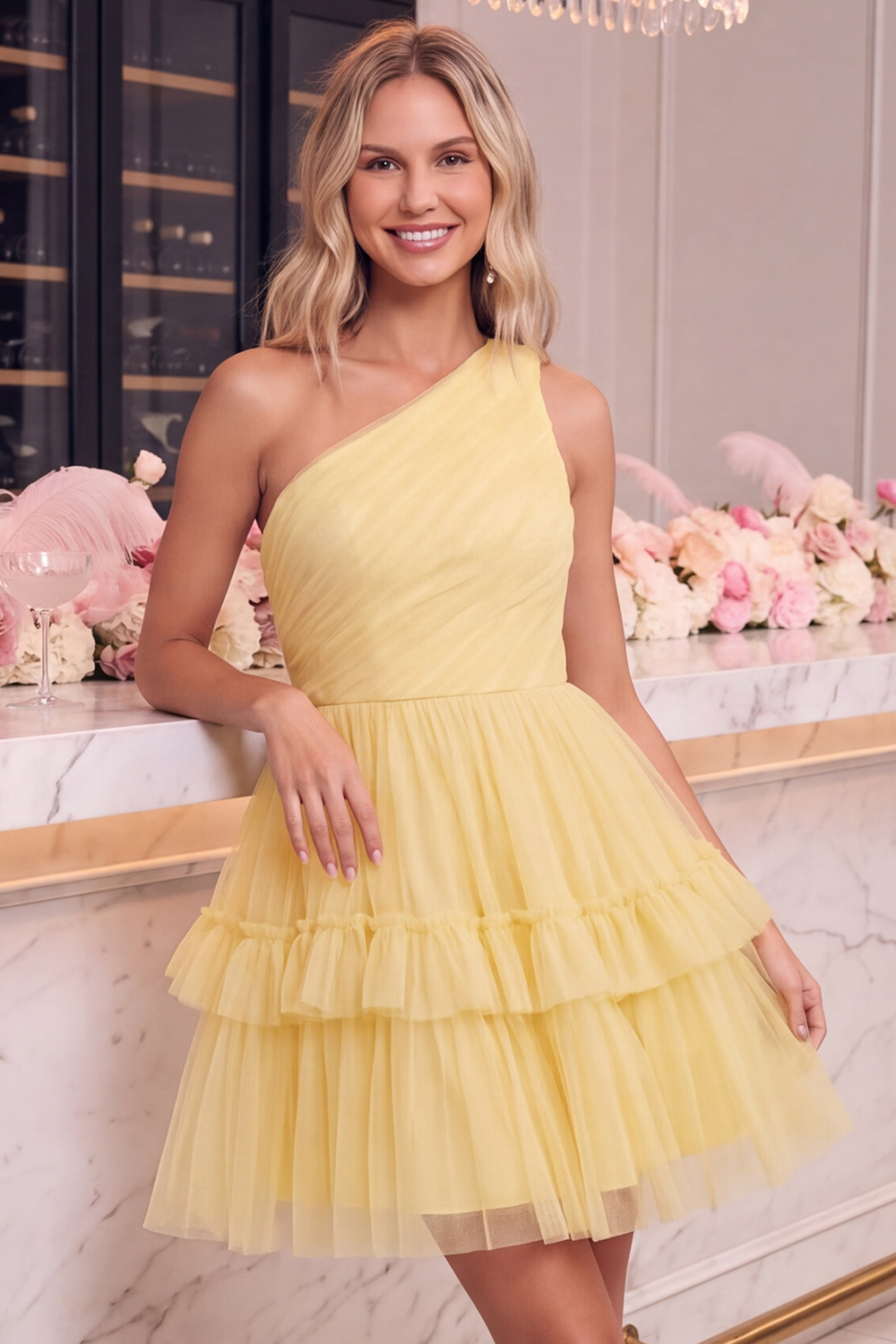 Sparkly Navy One Shoulder Tulle Tiered Short Homecoming Dress