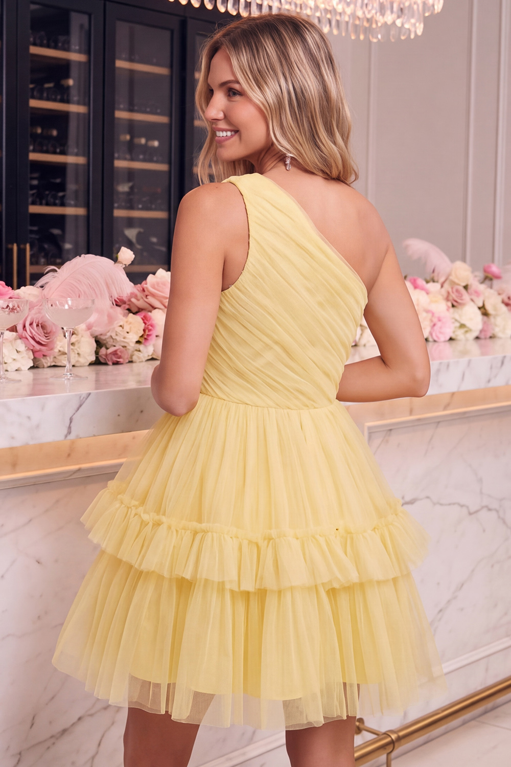 Sparkly Navy One Shoulder Tulle Tiered Short Homecoming Dress