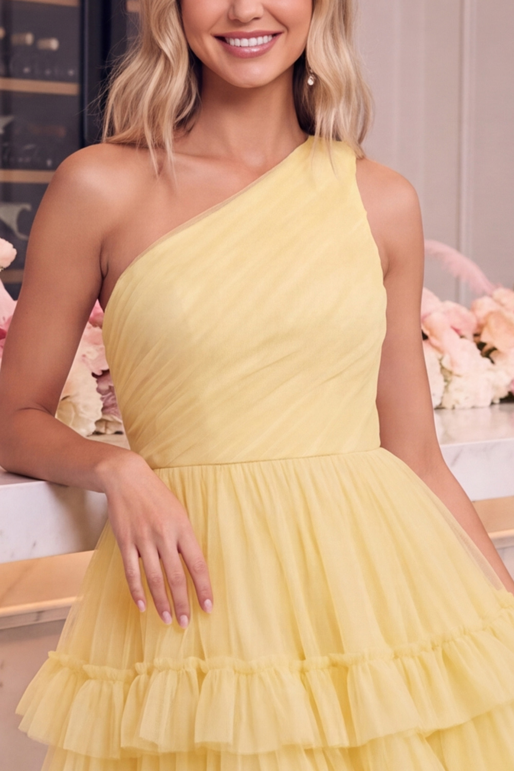 Sparkly Navy One Shoulder Tulle Tiered Short Homecoming Dress