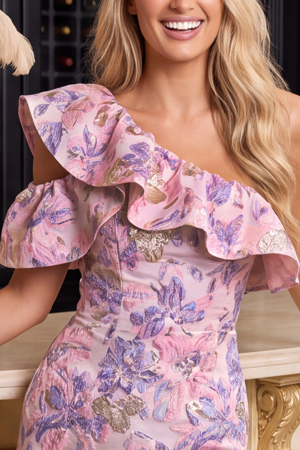 Lilac Floral One Shoulder Ruffled Short Homecoming Dress