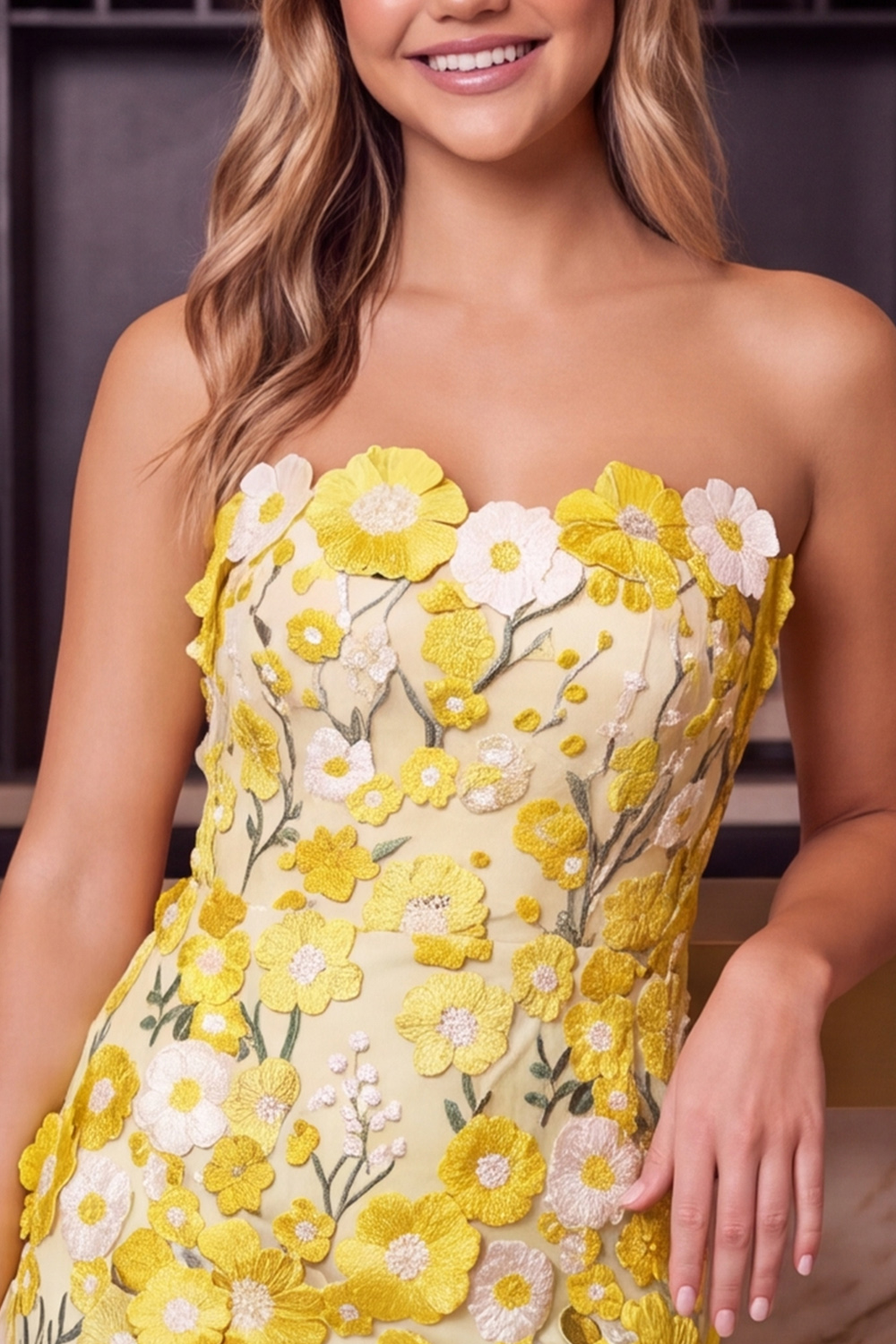 Yellow Strapless Floral Short Bodycon Homecoming Dress