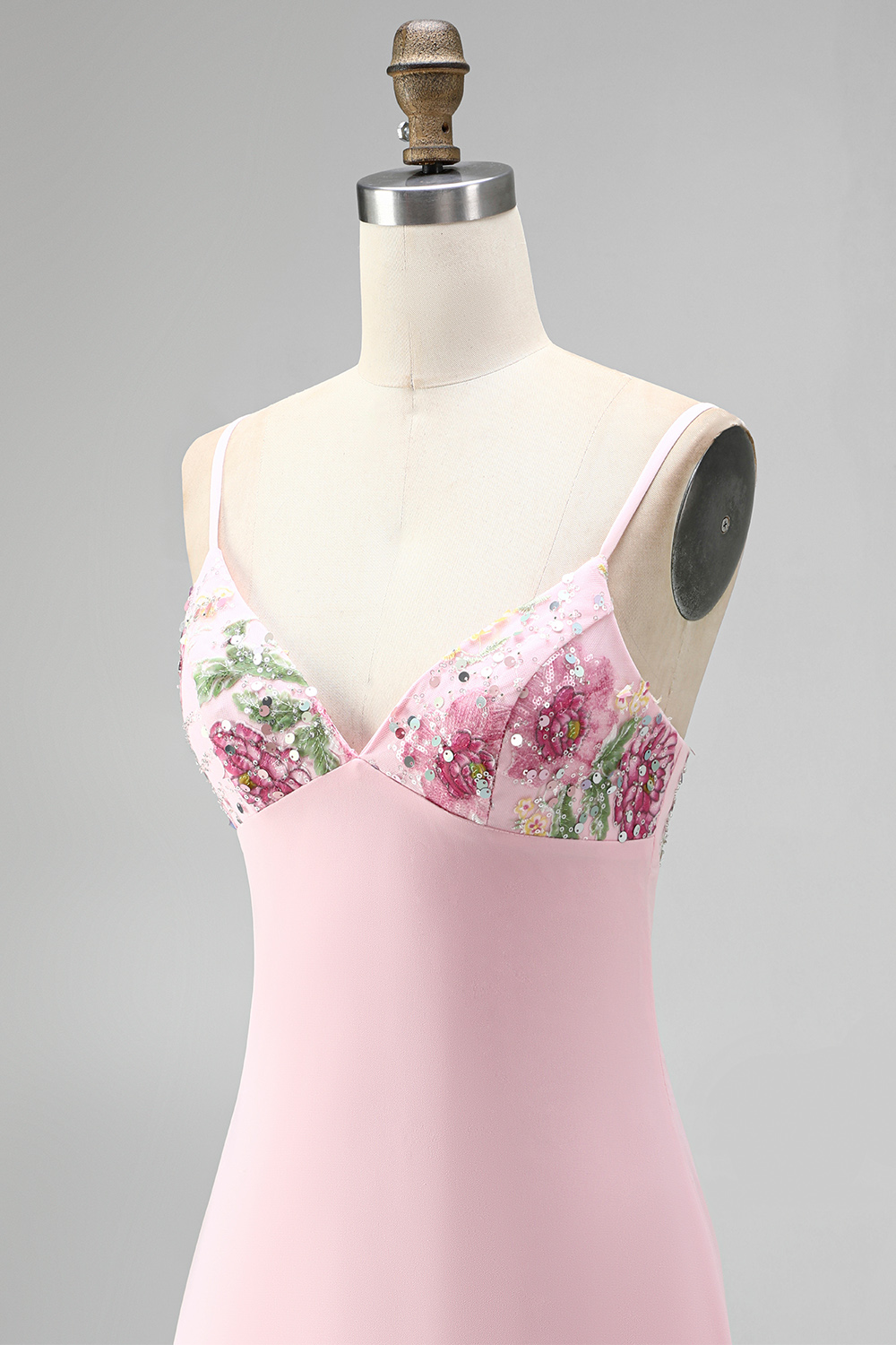 Pink Spaghetti Straps Floral Short Bodycon Homecoming Dress with Embroidery