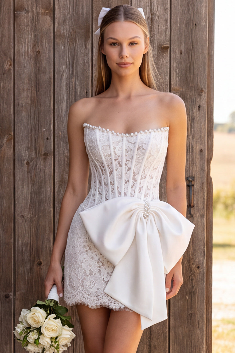 Ivory Corset Beaded Floral Tight Lace Short Bridal Shower Dress with Bow