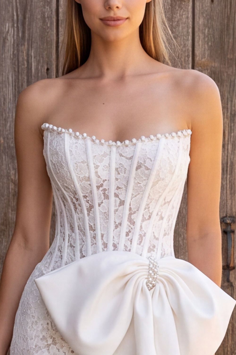 Ivory Corset Beaded Floral Tight Lace Short Bridal Shower Dress with Bow