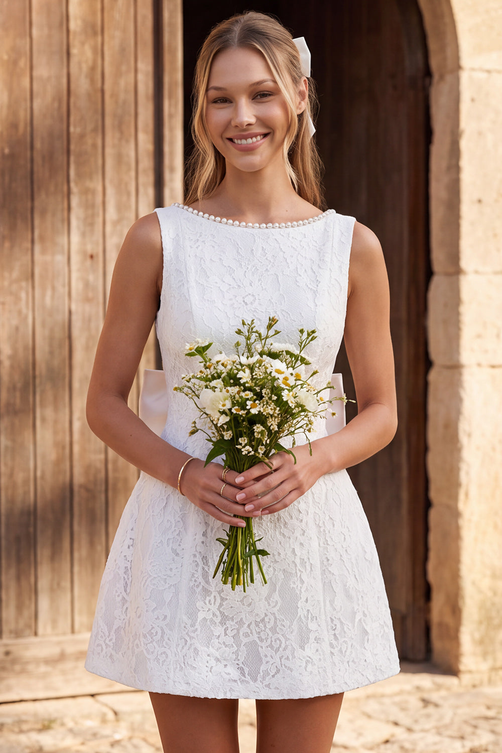 Ivory Beaded Floral A Line Lace Short Bridal Shower Dress with Bow