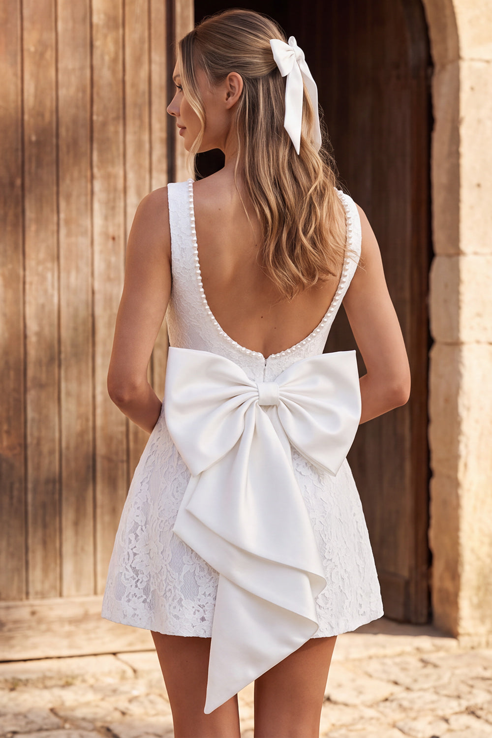 Ivory Beaded Floral A Line Lace Short Bridal Shower Dress with Bow