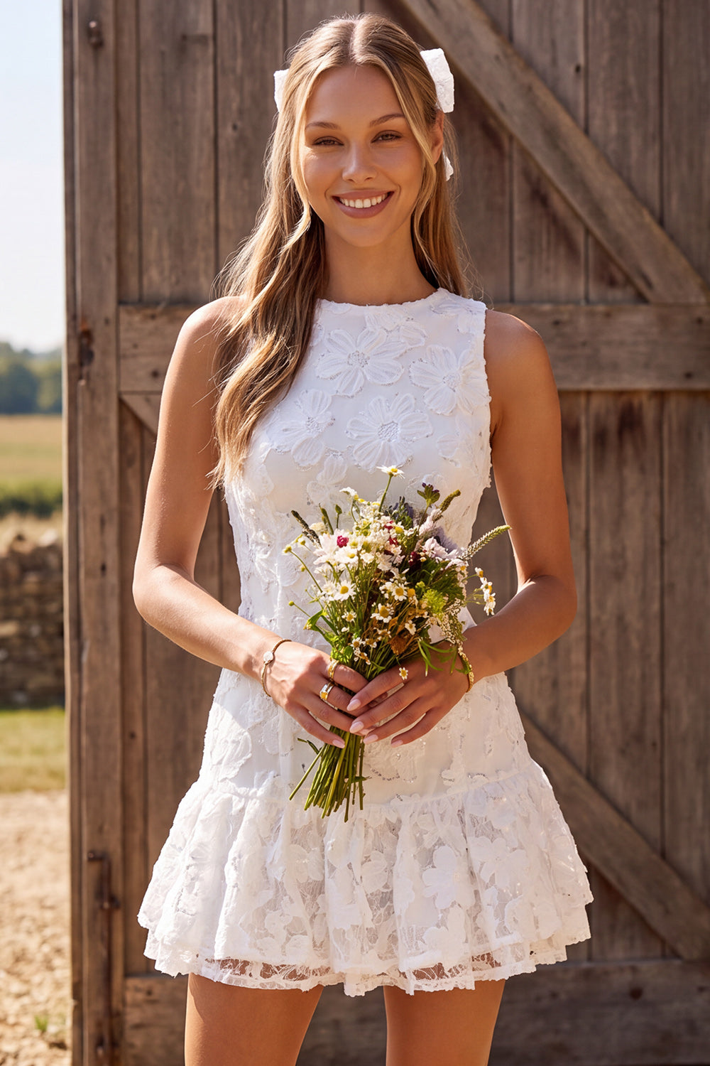 Ivory Floral Round Neck Lace A Line Short Engagement Dress