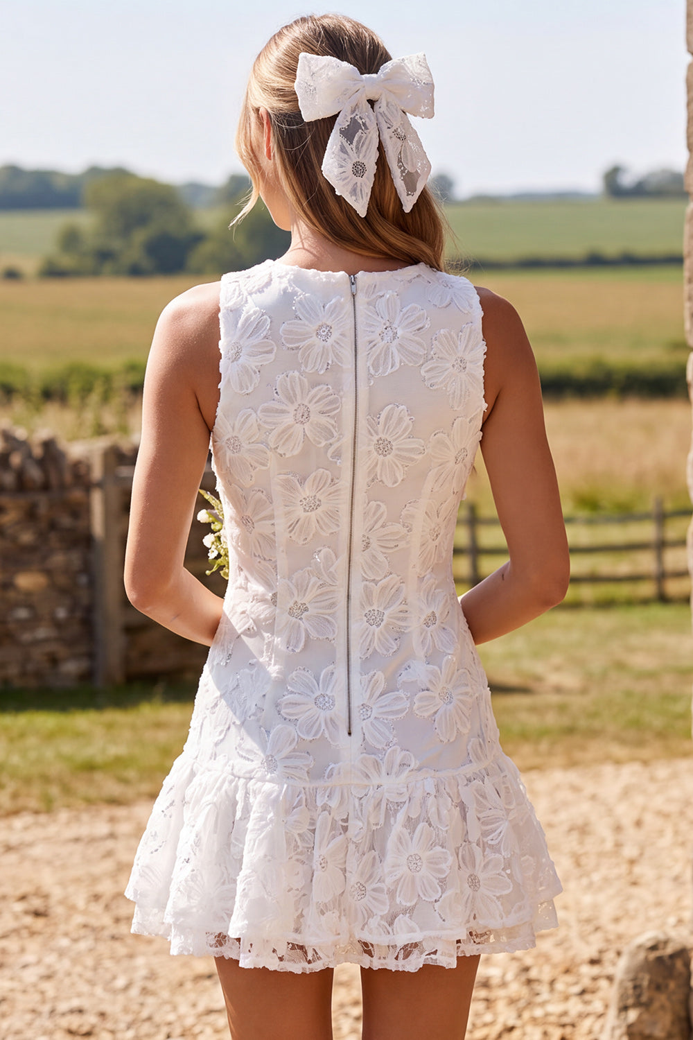 Ivory Floral Round Neck Lace A Line Short Engagement Dress