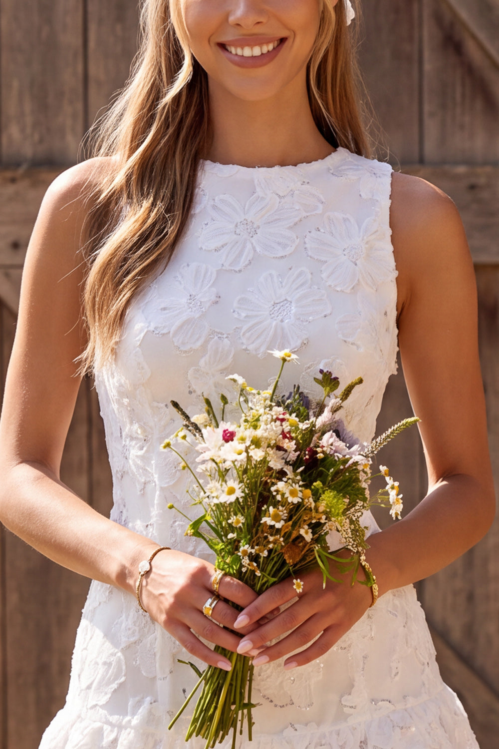 Ivory Floral Round Neck Lace A Line Short Engagement Dress