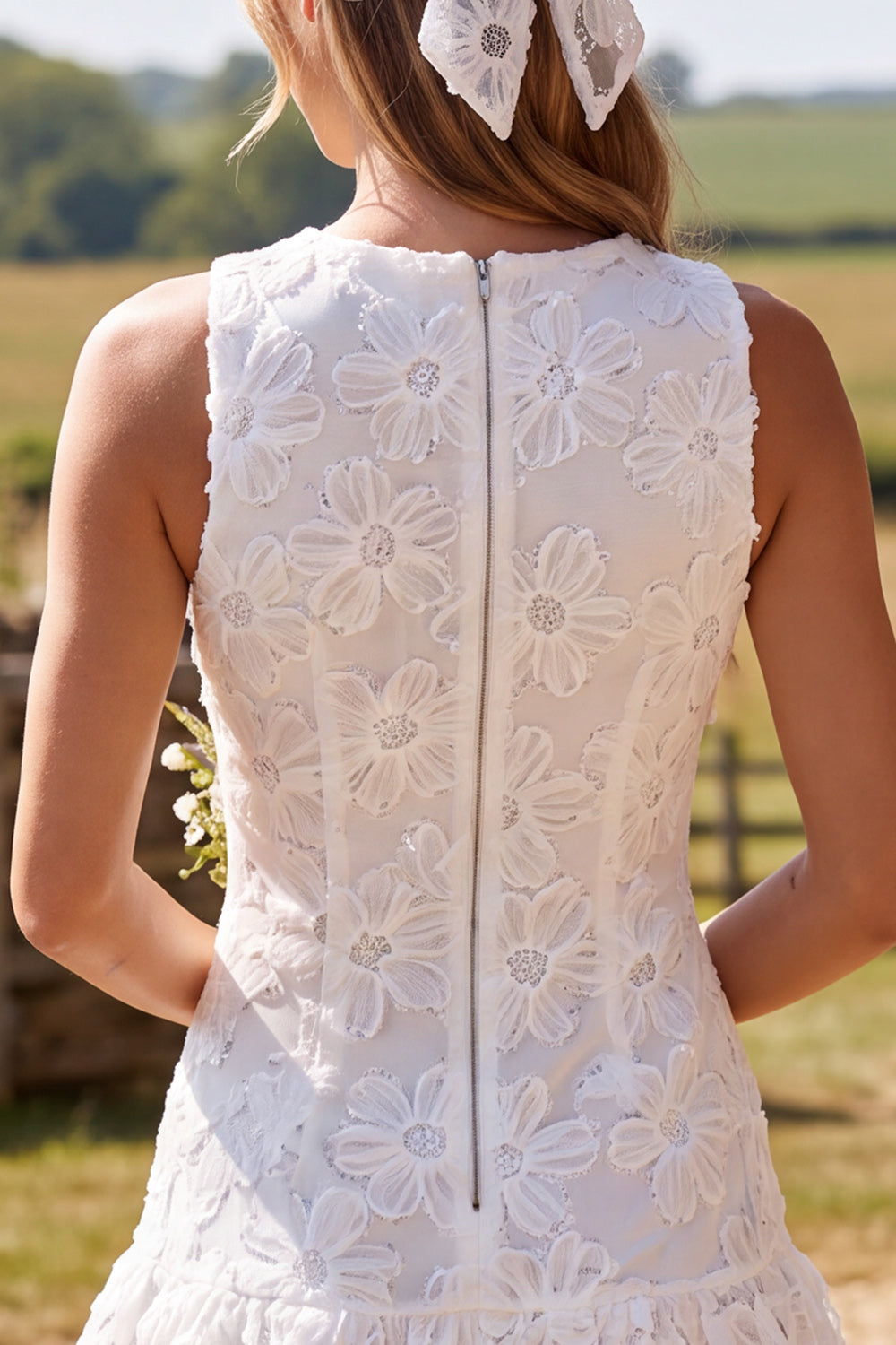 Ivory Floral Round Neck Lace A Line Short Engagement Dress