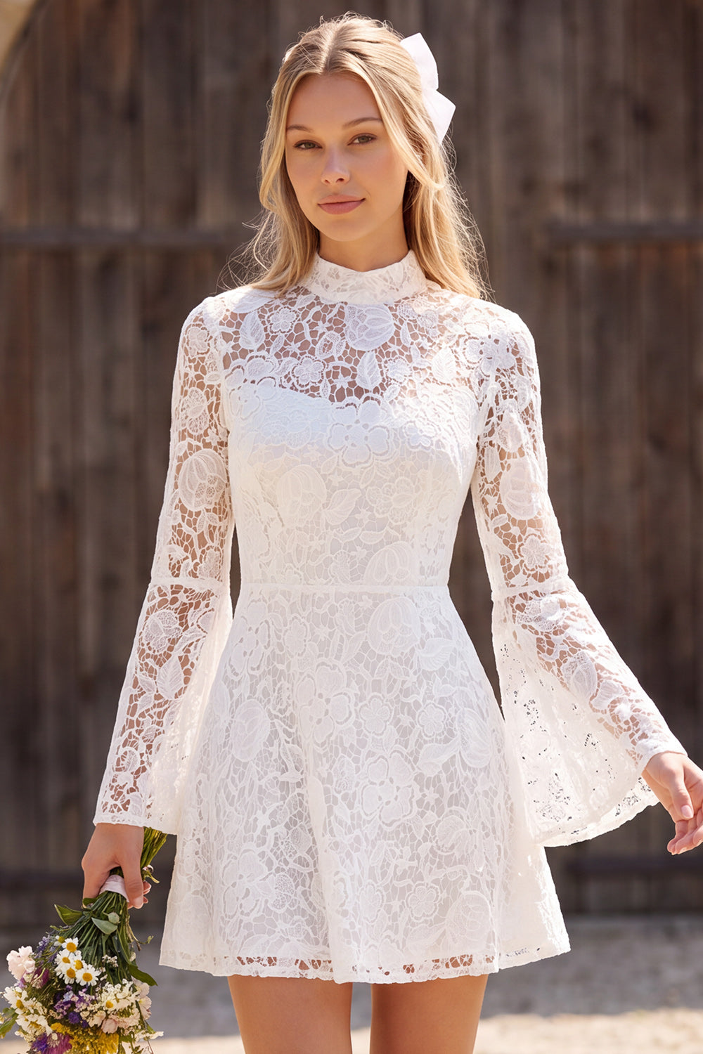 Ivory High Neck Lace A Line Long Flare Sleeves Short Bridal Shower Dress