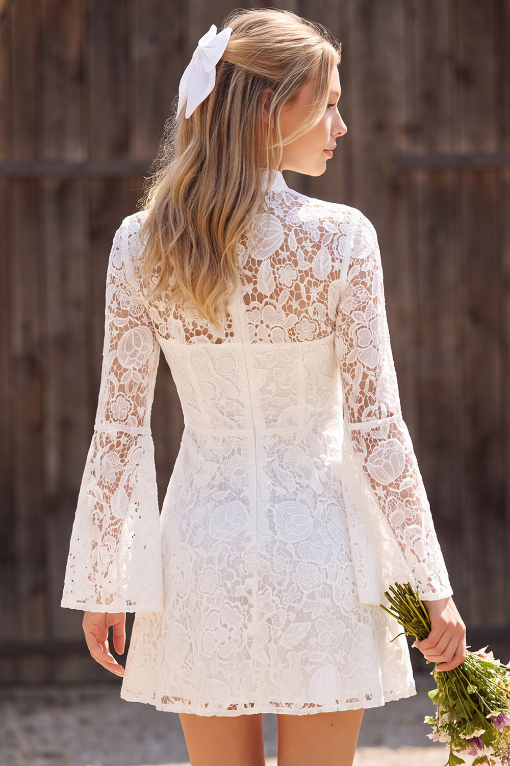 Ivory High Neck Lace A Line Long Flare Sleeves Short Bridal Shower Dress