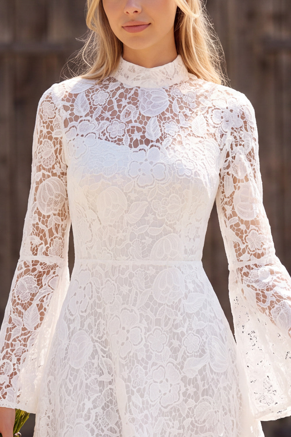 Ivory High Neck Lace A Line Long Flare Sleeves Short Bridal Shower Dress