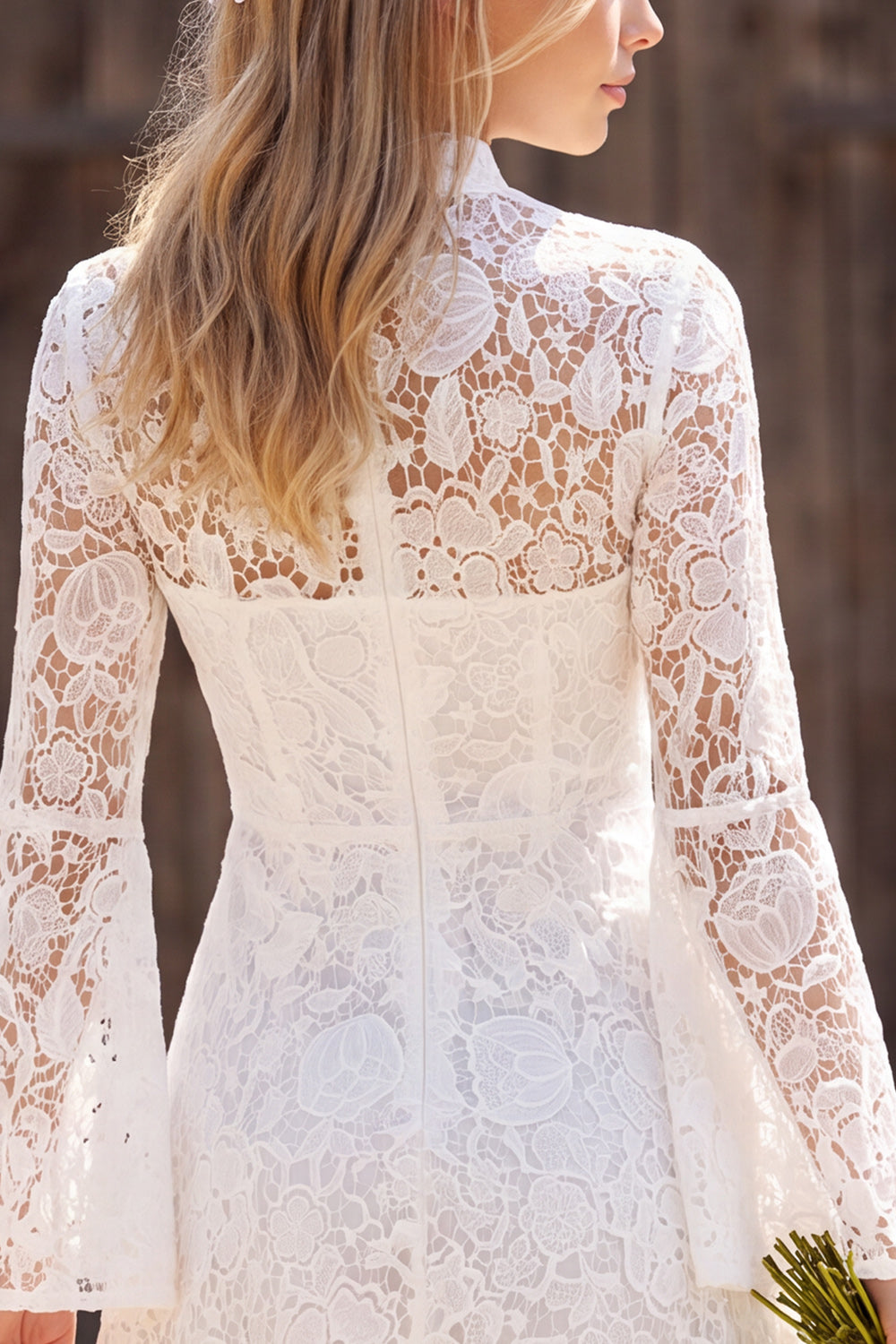 Ivory High Neck Lace A Line Long Flare Sleeves Short Bridal Shower Dress