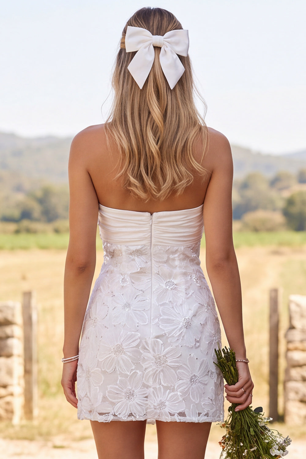 Ivory Sweetheart Tight Ruched Floral Short Bridal Shower Dress