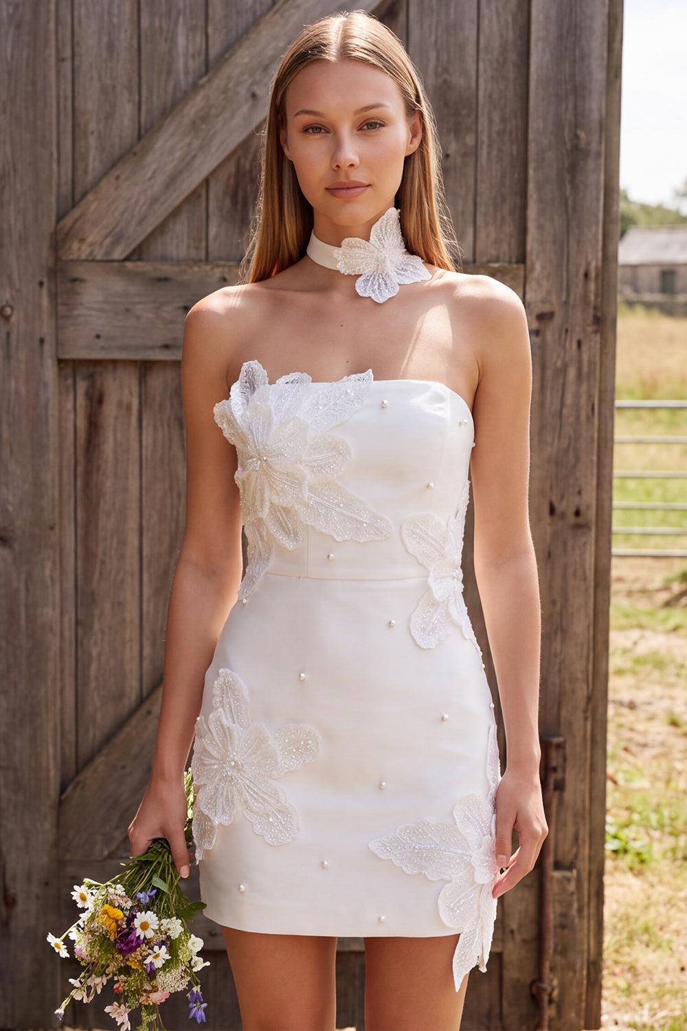Ivory Satin Tight Strapless Pearl Short Bridal Shower Dress with 3D Flowers