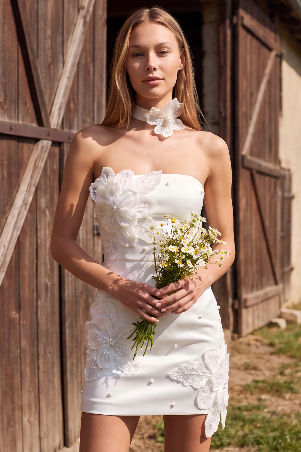 Ivory Satin Tight Strapless Pearl Short Bridal Shower Dress with 3D Flowers
