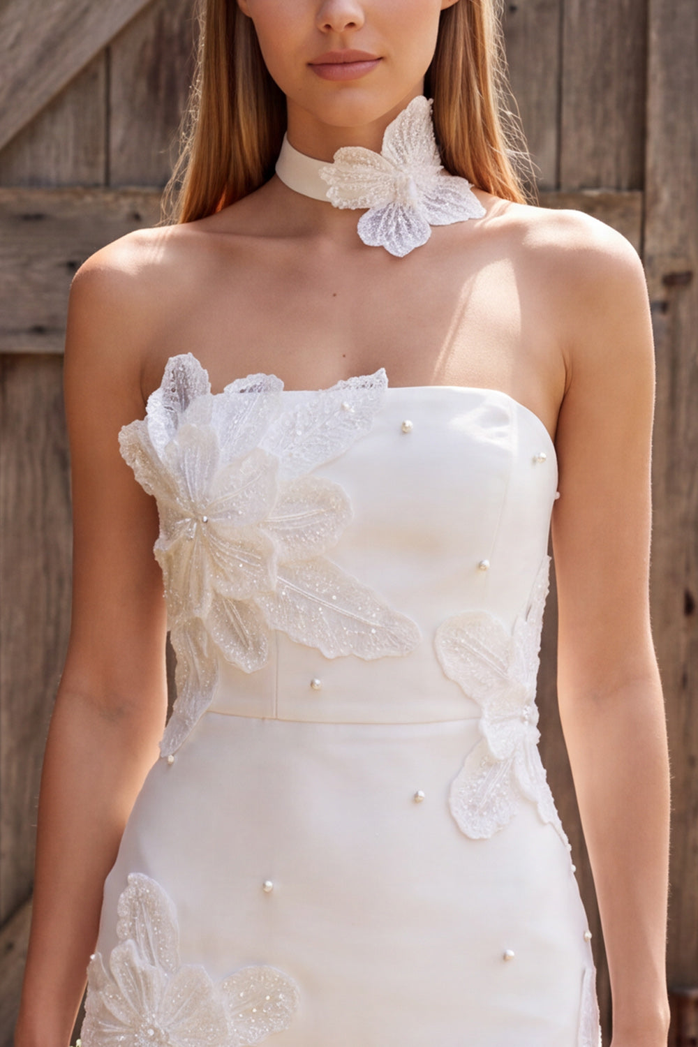Ivory Satin Tight Strapless Pearl Short Bridal Shower Dress with 3D Flowers