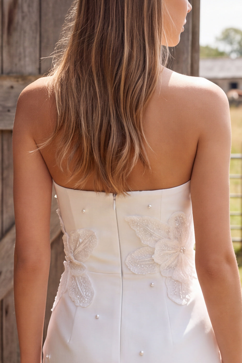 Ivory Satin Tight Strapless Pearl Short Bridal Shower Dress with 3D Flowers