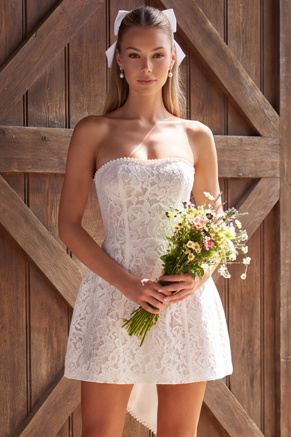 Ivory Strapless Lace A Line Short Bridal Shower Dress with Bow