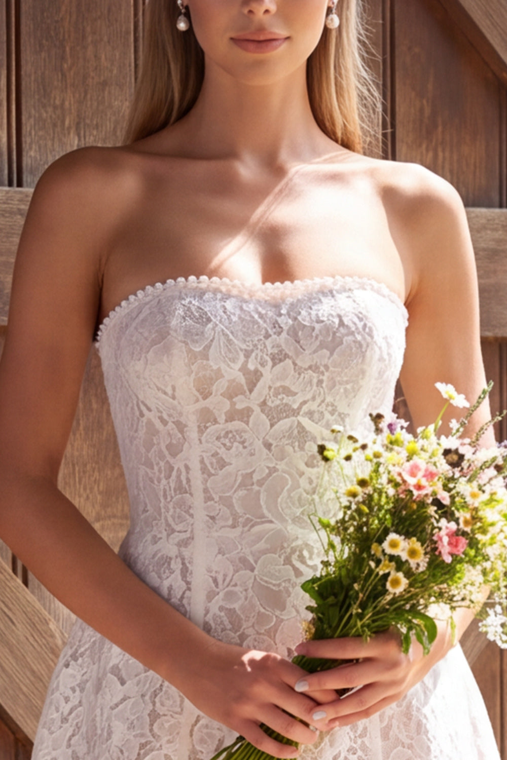 Ivory Strapless Lace A Line Short Bridal Shower Dress with Bow