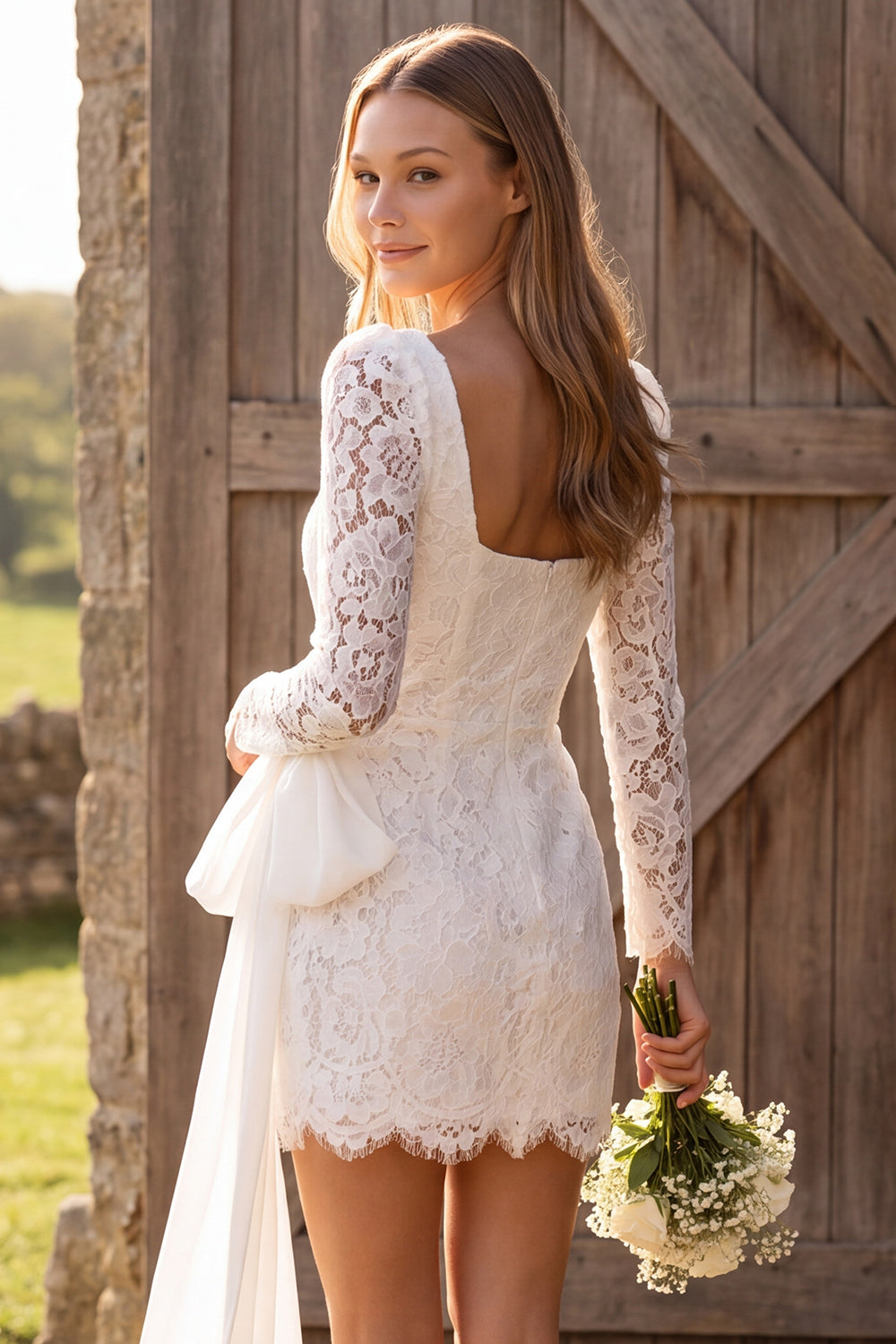 Ivory Tight Corset Lace Long Sleeves Short Engagement Dress with Bow