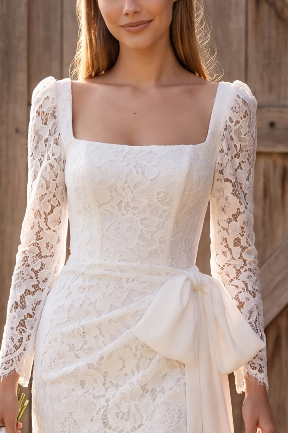 Ivory Tight Corset Lace Long Sleeves Short Engagement Dress with Bow
