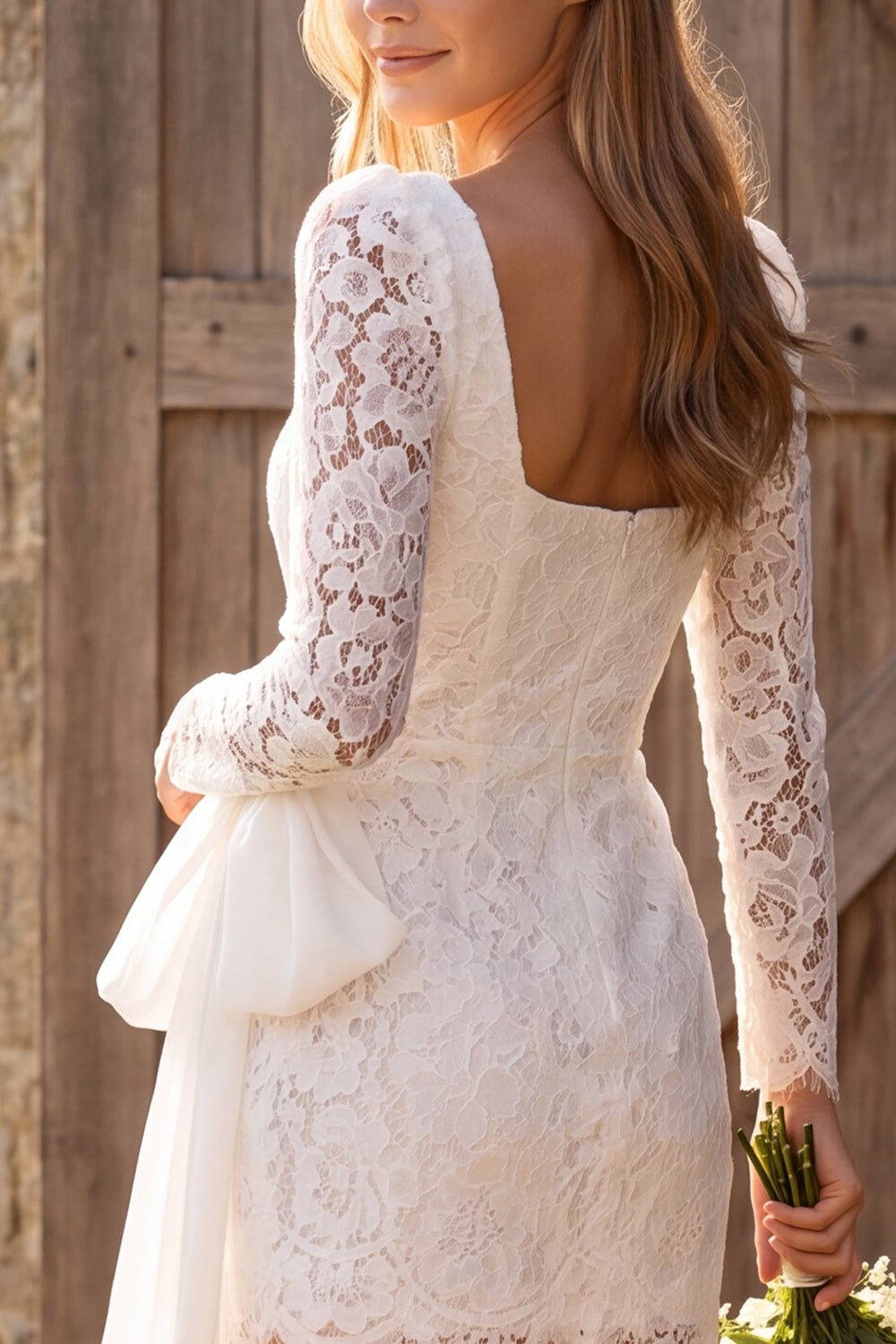 Ivory Tight Corset Lace Long Sleeves Short Engagement Dress with Bow
