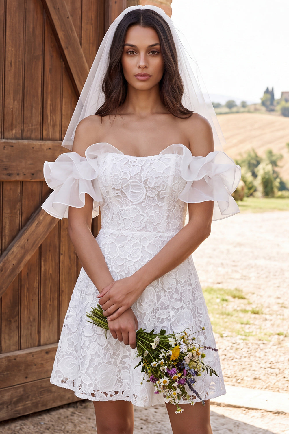 Ivory Floral A Line Lace Ruffled Short Rehearsal Dinner Dress