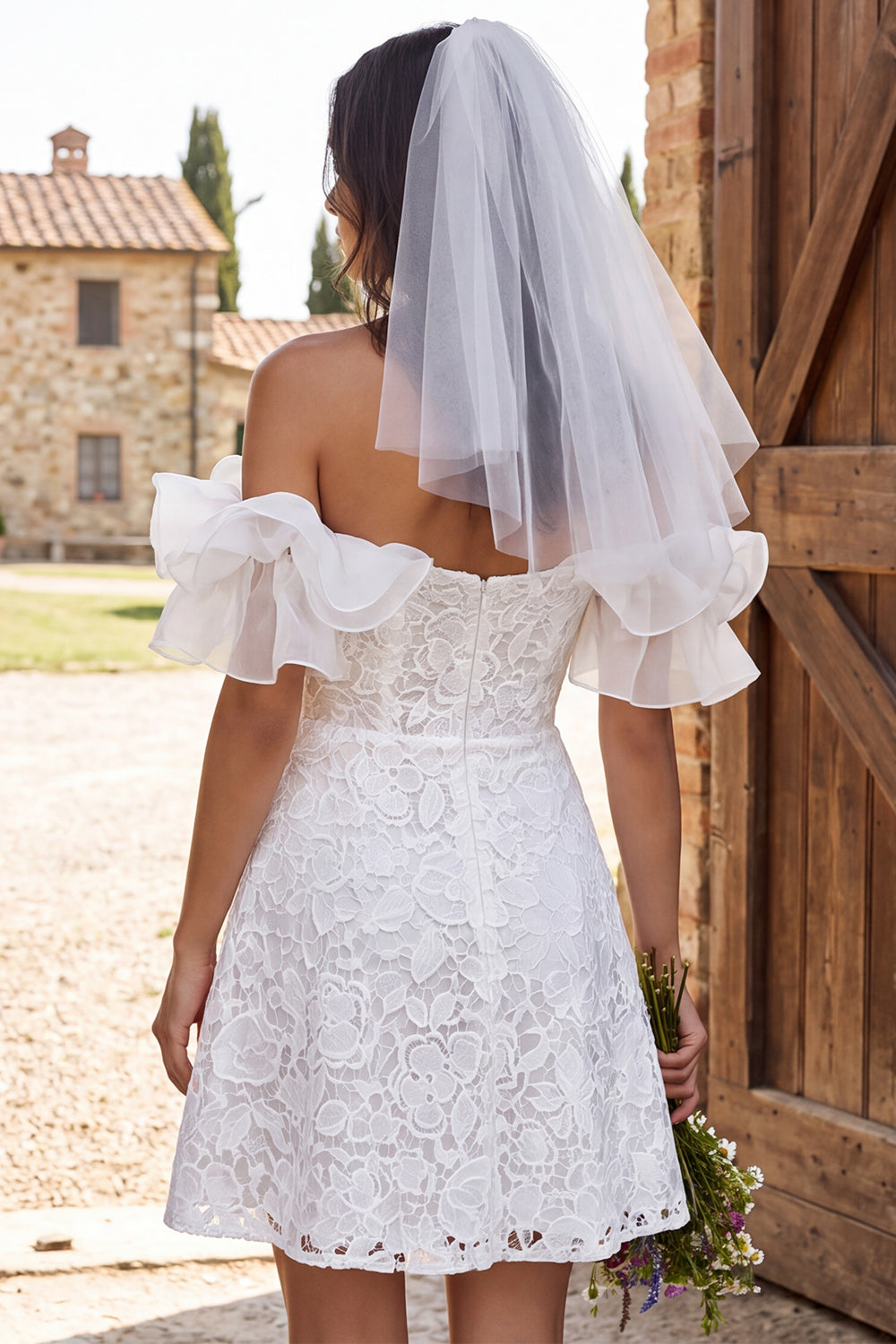 Ivory Floral A Line Lace Ruffled Short Rehearsal Dinner Dress