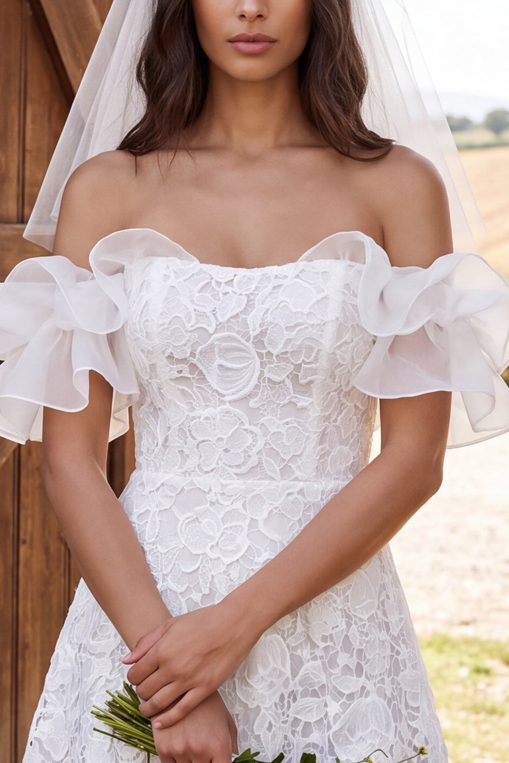 Ivory Floral A Line Lace Ruffled Short Rehearsal Dinner Dress