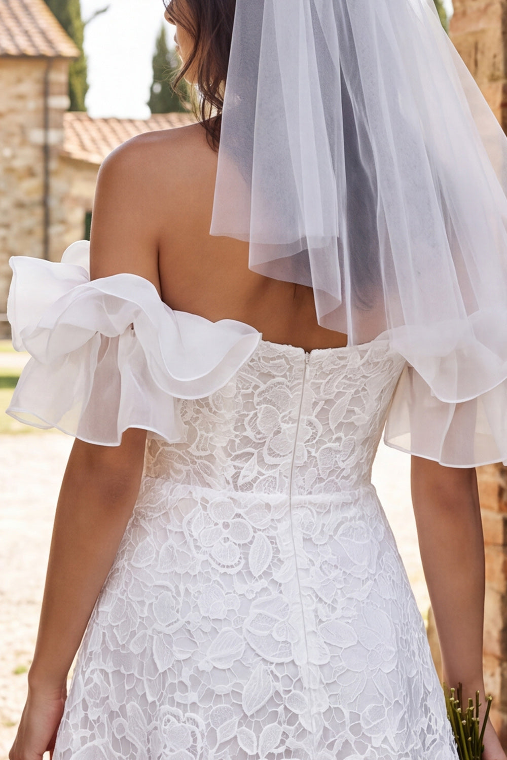 Ivory Floral A Line Lace Ruffled Short Rehearsal Dinner Dress
